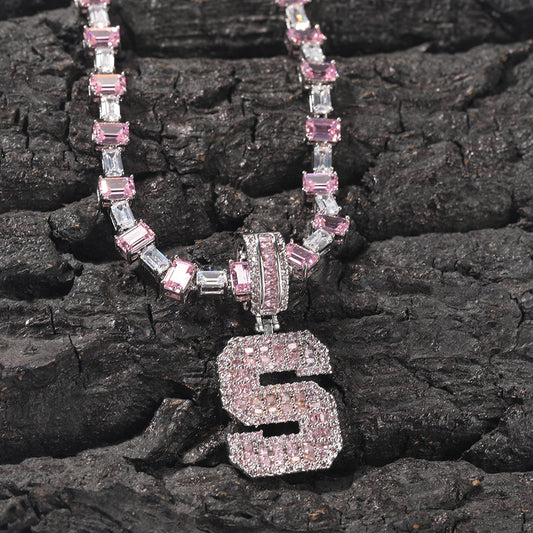 Pink Baguette Letters Custom Name Necklace Pendant With Heart Tennis Chain or baguette chain