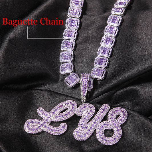 Custom Two Tone Pendant Name Necklace Cursive Letters Iced Out Cubic Zirconia Baguette Chain